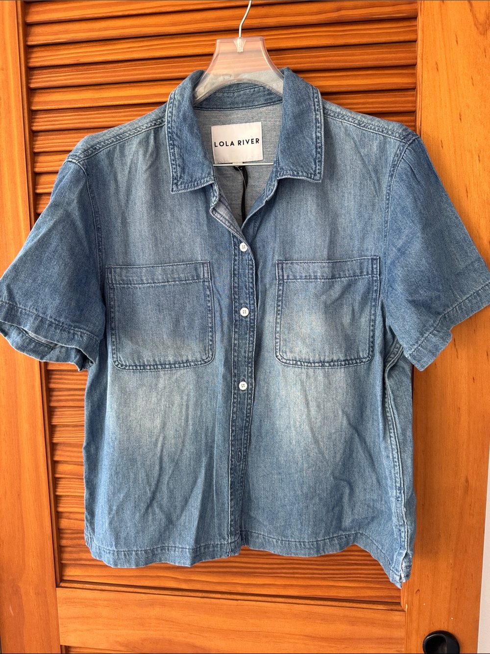 LOLA RIVER Light Wash Denim Button-Up Shirt